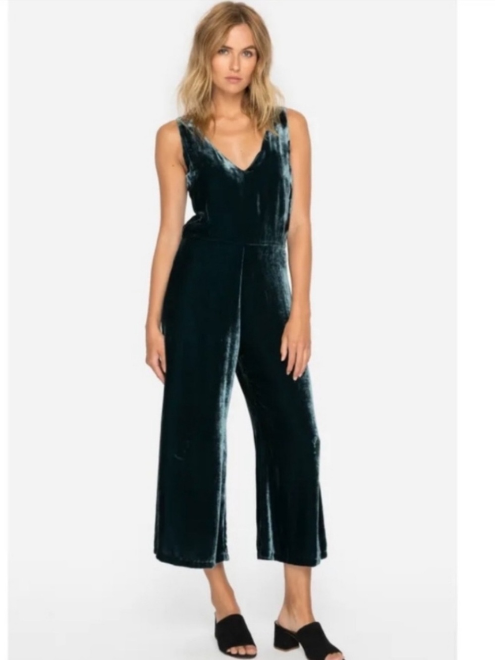 New Johnny Was Forest Green Luxe Silk Blend Velvet Wide Leg Jumpsuit Sz L NWOT